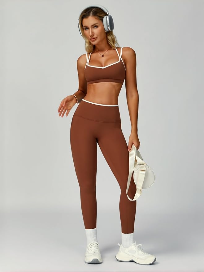 ABOCIW Two Piece Workout Sets for Women Color Block Strappy Sports Bra High Waist Leggings Yoga Pilates Outfits