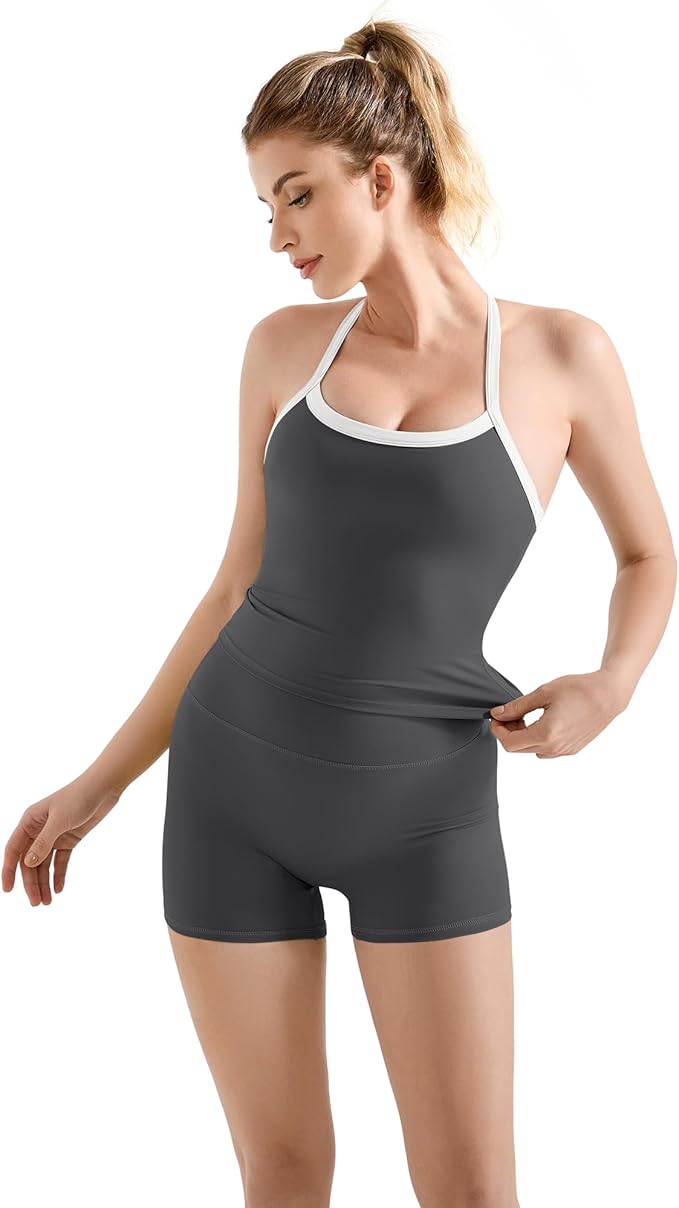 SUUKSESS Women 2 Piece Workout Sets High Waisted Tummy Control Biker Shorts Halter Padded Tank Tops