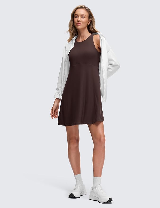 CRZ YOGA Cloudweight Double Layer Midi Dress for Women - Crewneck Flowy Tank Top Sleeveless Outfits for Casual Travel