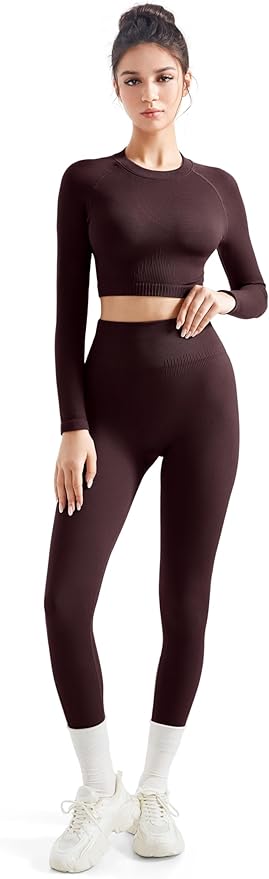 SUUKSESS Women 2 Piece Workout Sets Hidden Scrunch Hip Lifting Seamless Leggings Long Sleeve Yoga Crop Tops