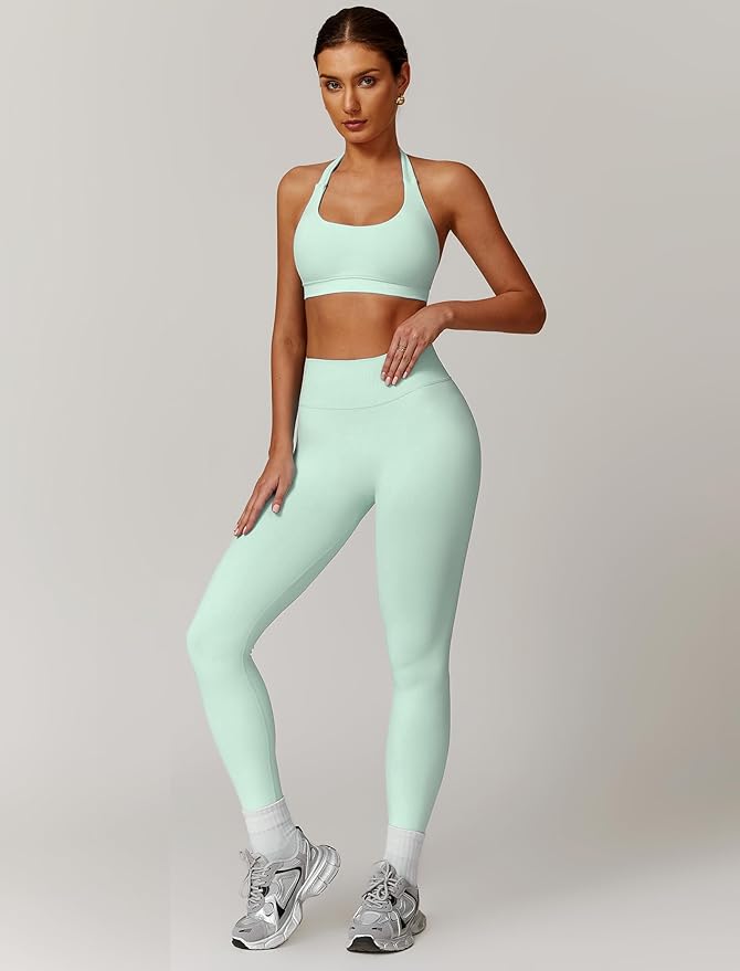 ABOCIW Workout Sets for Women Seamless Scunch Butt Lifting Impact Leggings Halter Sports Bra 2 Piece Gym Outfits