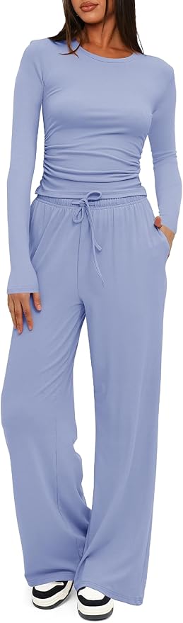 Darong Women's 2 Piece Outfits Lounge Sets 2026 Long Sleeve Tops Wide Leg Pants Casual Matching Set