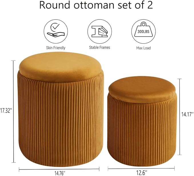BLEXA Round Set of 2 Ottoman with Storage-Upholstered Velvet Vanity Stool for Makeup Multifunctional Ottomans Coffee Table Padded Seat Foot Rest for Living Room&Bedroom (Yellow)