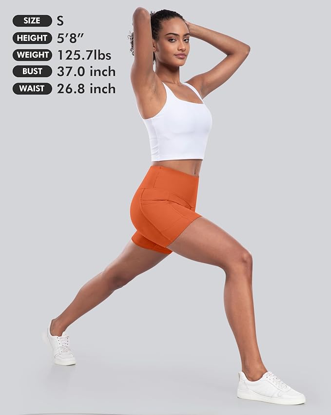 CHRLEISURE Womens Biker Yoga Shorts with Pocket, High Waisted Tummy Control 5 Inch Workout Spandex Athletic Gym Shorts