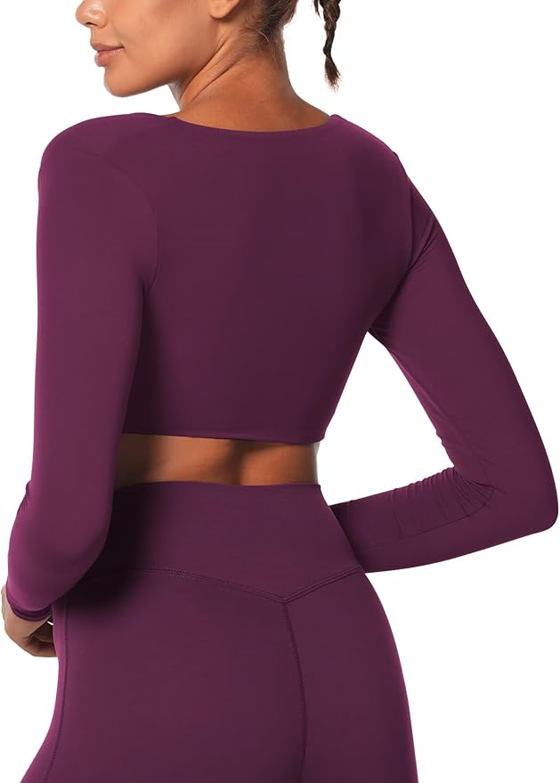 Sunzel Long Sleeve Workout Tops for Women Buttery Soft Deep V Twist Cropped Tops with Compression for Yoga Pilates Gym Outfit