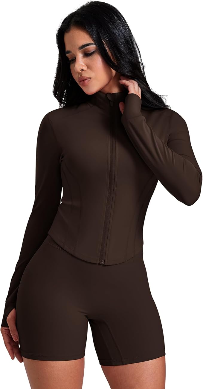 AVGO Women's Workout Jacket Lightweight Zip Up Crop Top Running Sportwear Slim Fit Gym Jackets With Thumb Holes