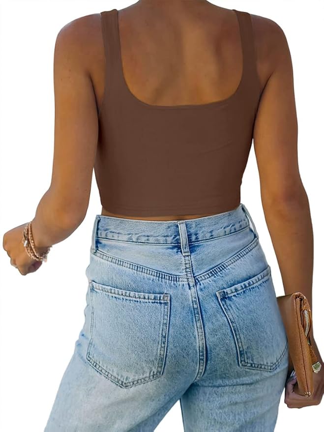 REORIA Women’s Sexy Square Neck Double Lined Seamless Sleeveless Cropped Tank Yoga Crop Basic Tops
