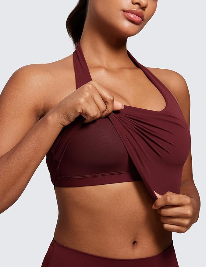 CRZ YOGA Butterluxe Halter Crop Tank Tops for Women - Open Back Padded Longline Sports Bras Workout Gym
