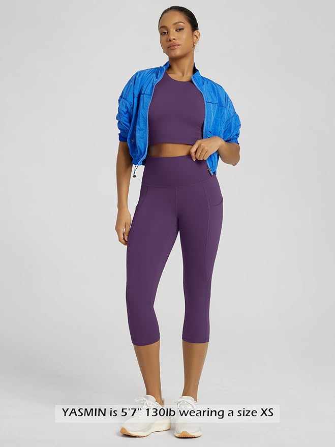 ODODOS Women's High Waisted Yoga Capris with Pockets, Tummy Control Non See Through Workout Athletic Running Capri Leggings