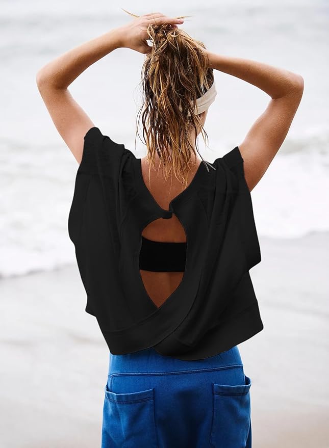 Kumufenc Women Short Sleeve Workout Shirts Open Back Tops Casual Yoga Y2k Athletic Gym Slouchy Crop Running Tees