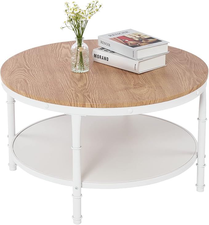 VINGLI 31.5" Natural White Round Farmhouse Coffee Table, 2-Tier Storage Wood Center Circle Accent Table for Living Room, Bedroom, Apartment, Studio and Small Spaces, Sturdy Metal Frame, Natural Color