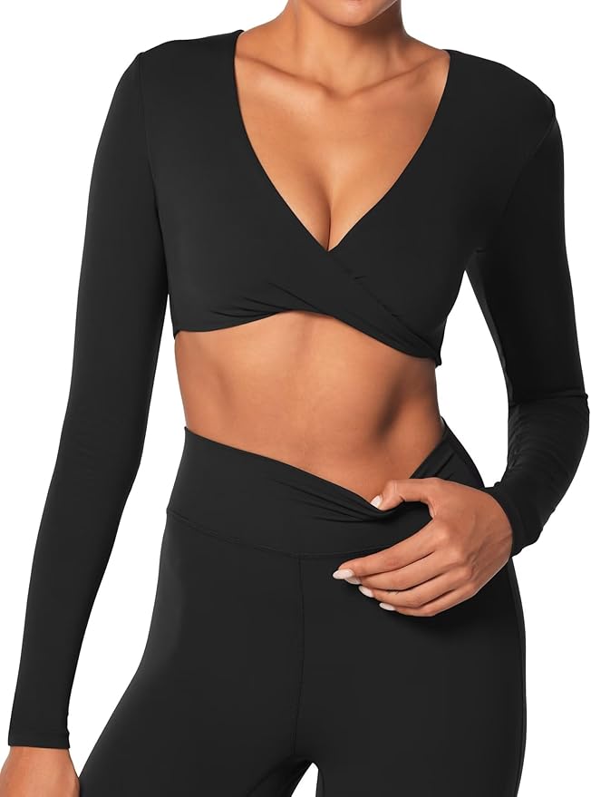 Sunzel Long Sleeve Workout Tops for Women Buttery Soft Deep V Twist Cropped Tops with Compression for Yoga Pilates Gym Outfit