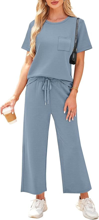 WIHOLL 2 Piece Sets for Women Casual Summer Travel Vacation Outfits Short Sleeve Wide Leg Crop Pants Lounge Sets