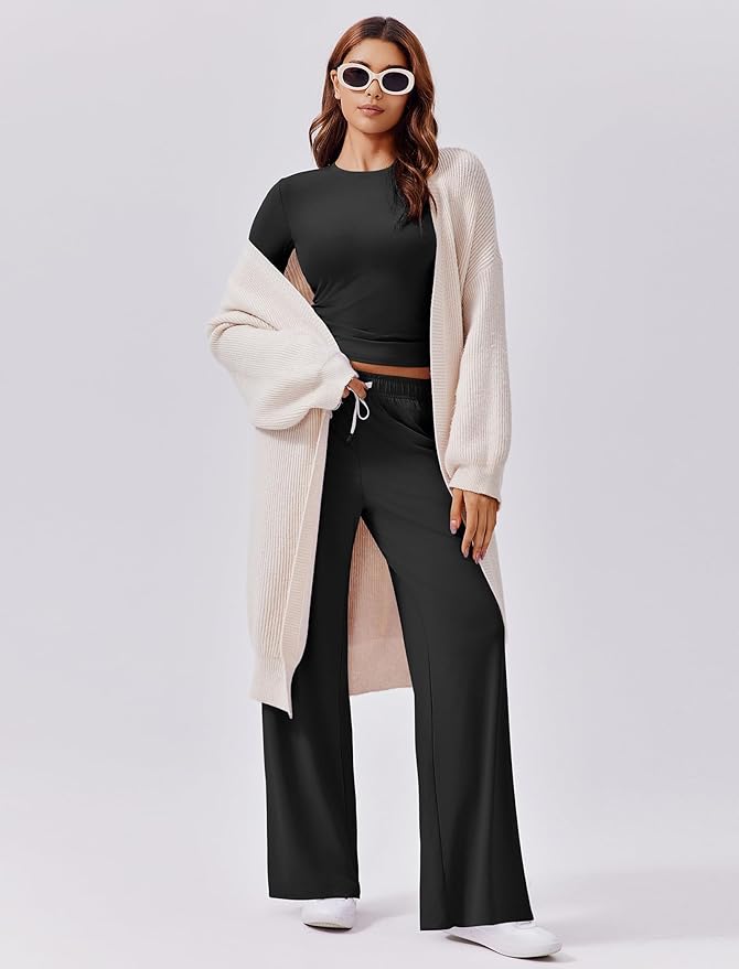 PINSPARK Women 2 Piece Lounge Set Long Sleeve Cropped Top Wide Leg Pants with Pockets 2024 Fall Outfits Matching Tracksuit