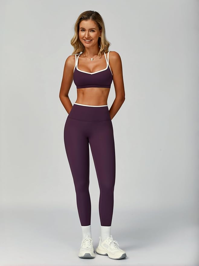 ABOCIW Two Piece Workout Sets for Women Color Block Strappy Sports Bra High Waist Leggings Yoga Pilates Outfits
