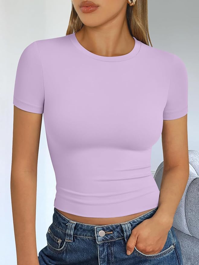 Trendy Queen Womens Short Sleeve T Shirts - Buttery Soft Summer Crop Tops Slim Fit Y2k Basic Tees for Workout