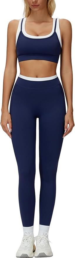 Women 2 Piece Workout U Back Color Block Sports Bra High Waist Active Leggings Yoga Pilates Outfits