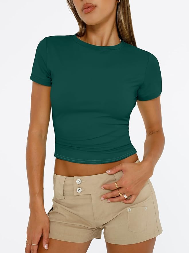 Trendy Queen Womens Short Sleeve T Shirts - Buttery Soft Summer Crop Tops Slim Fit Y2k Basic Tees for Workout
