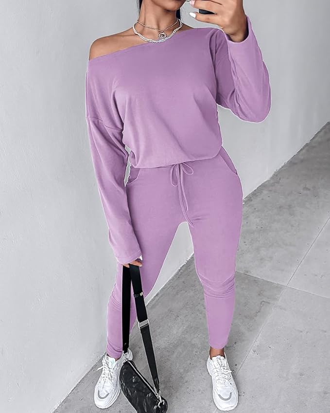 CHICME Women Tracksuit Fall 2 piece Outfits Off The Shoulder Long Sleeve Tops and Pants Set Travel Outfits