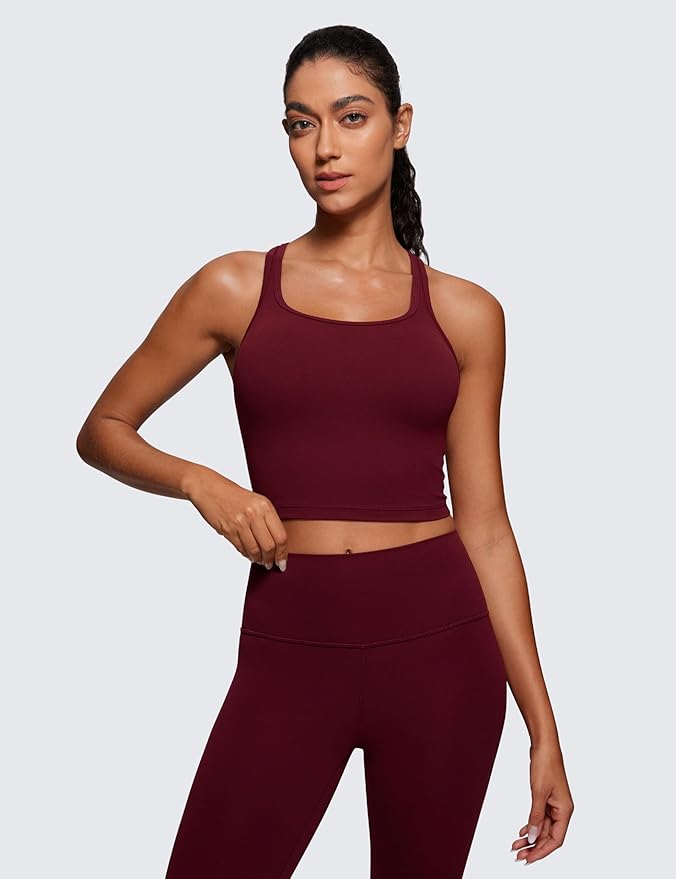 CRZ YOGA Butterluxe Racerback Crop Tank Tops for Women - Padded Y-Back Longline Sports Bras Scoop Neck Workout Yoga
