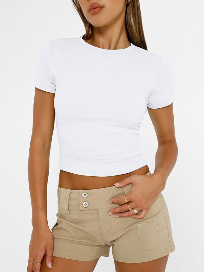 Trendy Queen Womens Short Sleeve T Shirts - Buttery Soft Summer Crop Tops Slim Fit Y2k Basic Tees for Workout
