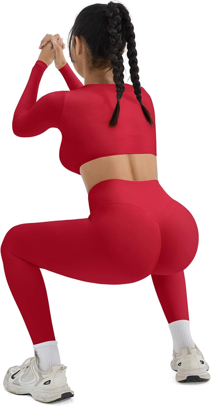 SUUKSESS Women 2 Piece Workout Sets Compression Tummy Control Leggings with Pockets Long Sleeve Square Neck Padded Crop Tops