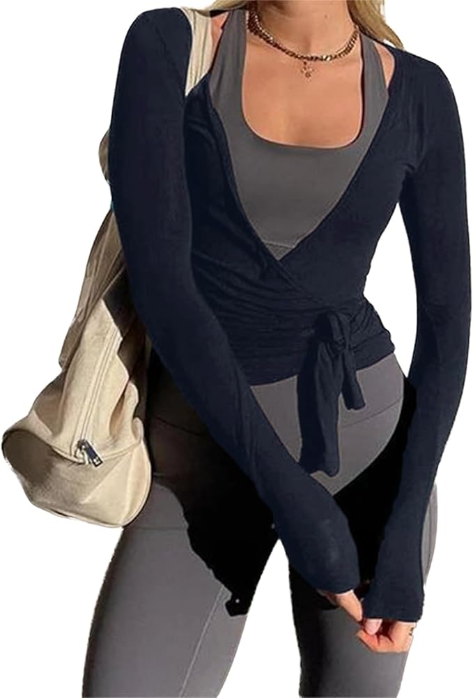 Women Wrap Top Long Sleeve Deep V Neck Cross Tie Workout Ballet Pilates Yoga Shirt