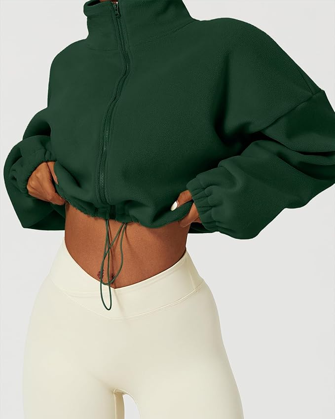 QINSEN Women's Full Zip Fleece Short Jacket Warm Winter Long Sleeve Stand Collar Sherpa Crop Coat