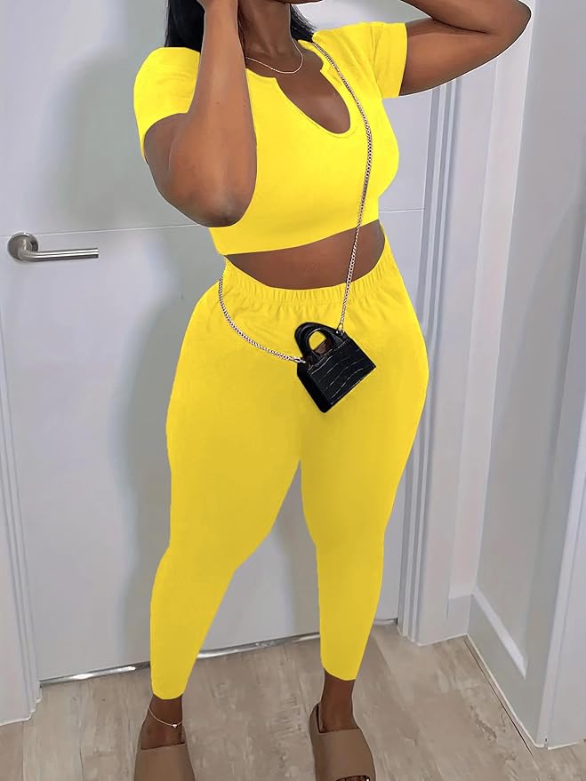 Nimsruc 2 Piece Sets For Women Sexy Casual Workout Crop Short Sleeve Long pants Leggings Sets Summer Active Wear