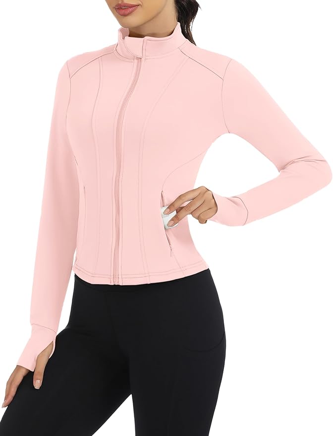 Loovoo Women's Workout Jacket Lightweight Zip Up Athletic Jackets Cropped Slim Fit Running Yoga Tops with Pockets
