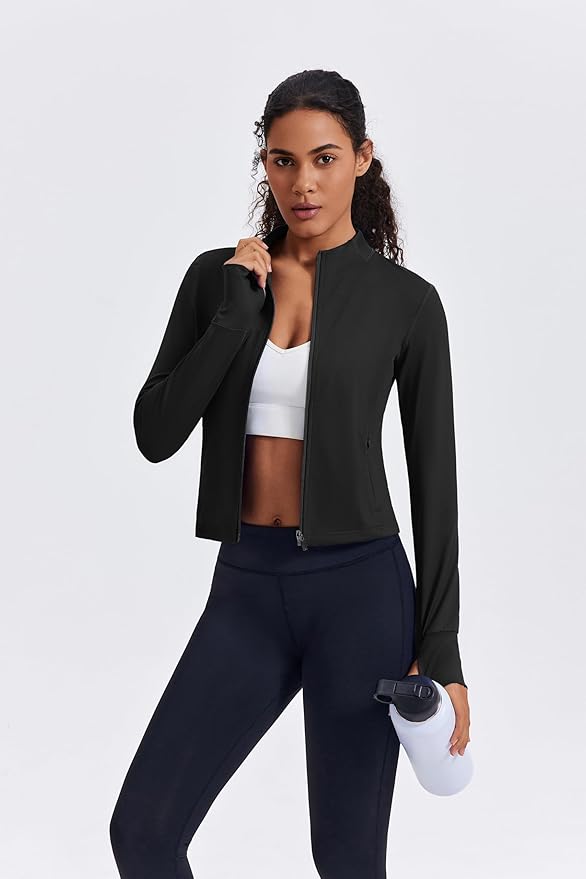PINSPARK Women Cropped Workout Jackets Full Zip Slim Fit Athletic Jackets Thumb Holes Running Jacket with Zipper Pockets