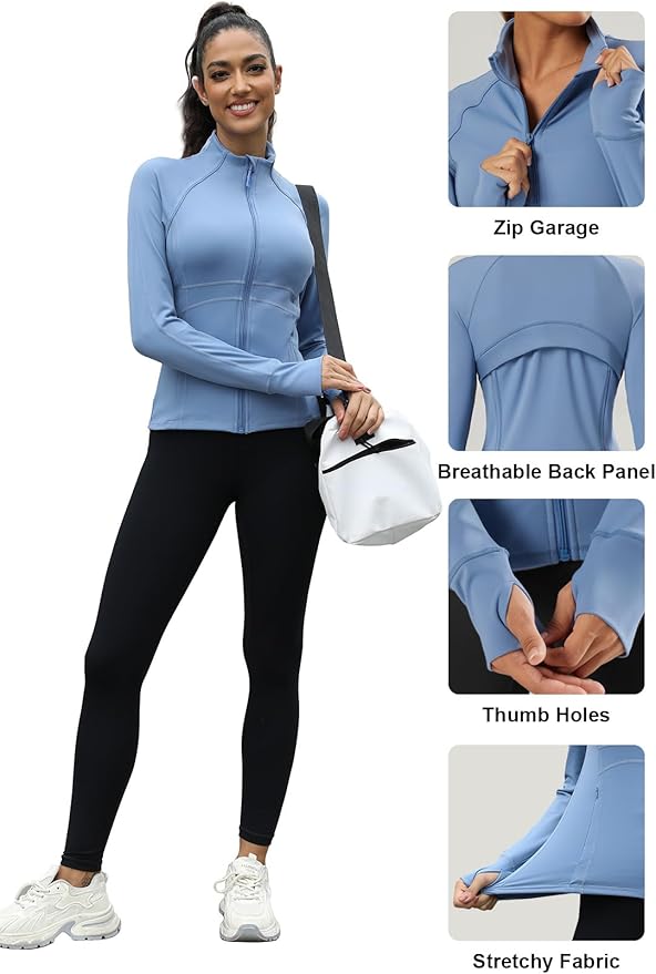 Waitfairy Zip Up Jackets for Women Yoga Gym Top Running Workout Jackets for Woman Track Jacket Women with Thumb Holes