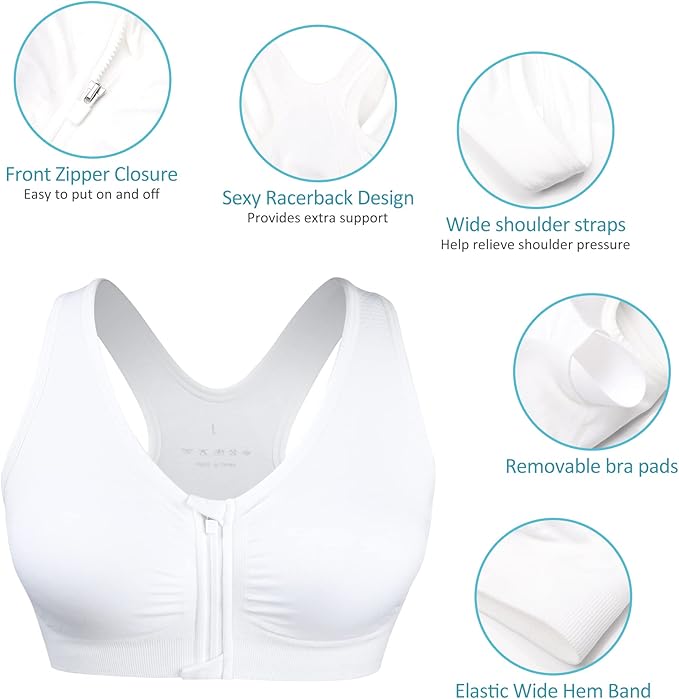 Women's Zip Front Sports Bra Wireless Post-Surgery Bra Active Yoga Sports Bras