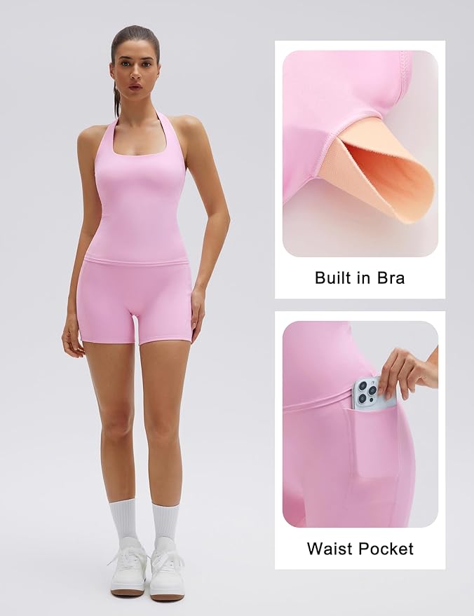 SUUKSESS Women 2 Piece Workout Sets Halter Neck Padded Yoga Tank Tops High Waisted Biker Shorts with Pockets