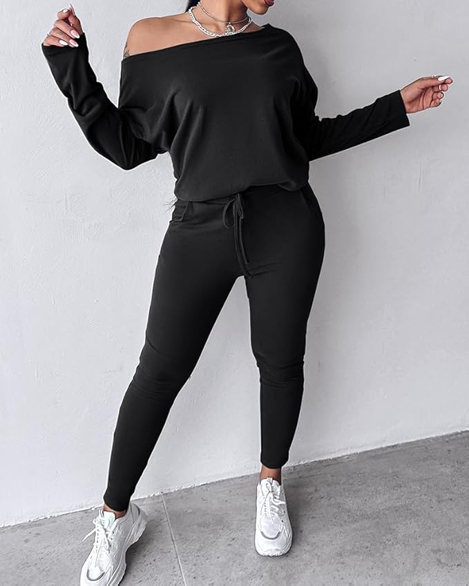 CHICME Women Tracksuit Fall 2 piece Outfits Off The Shoulder Long Sleeve Tops and Pants Set Travel Outfits