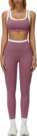 Women 2 Piece Workout U Back Color Block Sports Bra High Waist Active Leggings Yoga Pilates Outfits