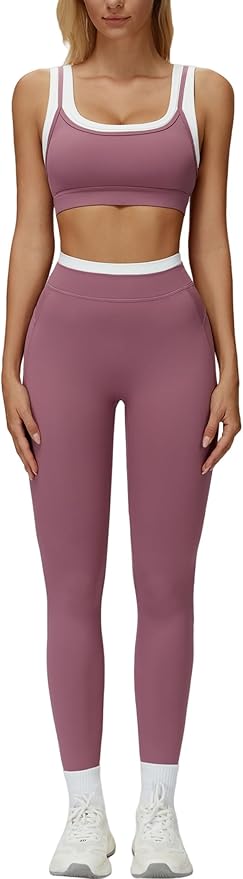 Women 2 Piece Workout U Back Color Block Sports Bra High Waist Active Leggings Yoga Pilates Outfits