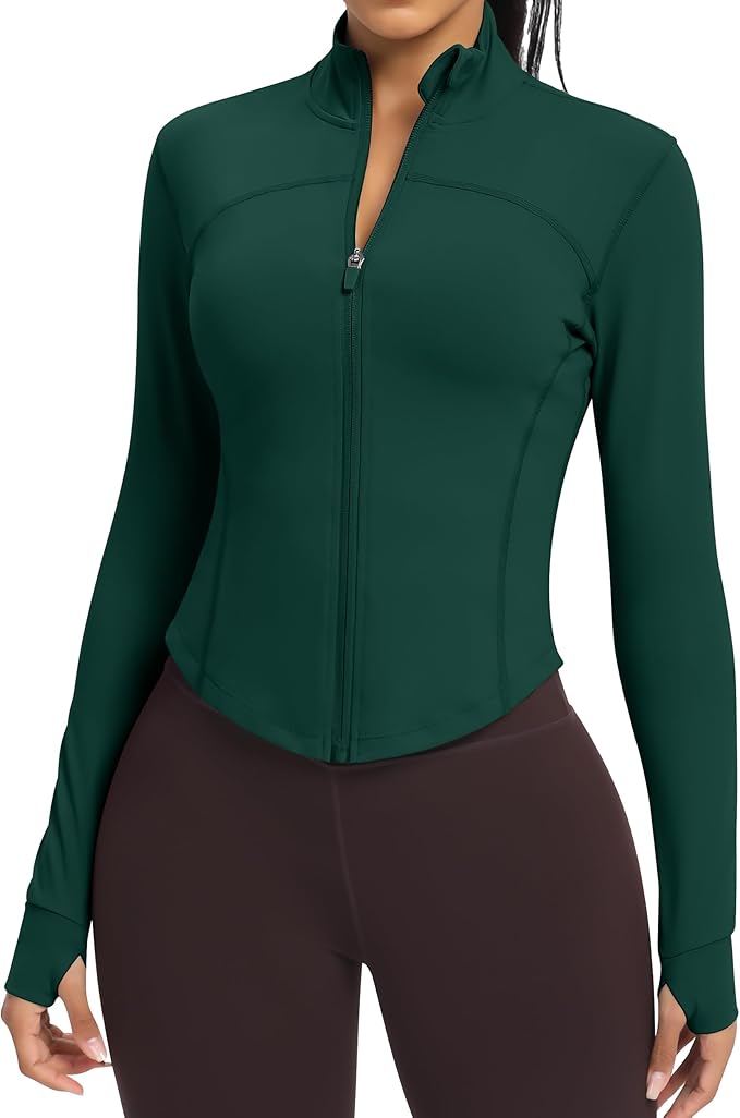 Women BBL Jacket Full Zip UP Workout Athletic Cropped Jacket wIth Thumb Holes Running Yoga Sportswear