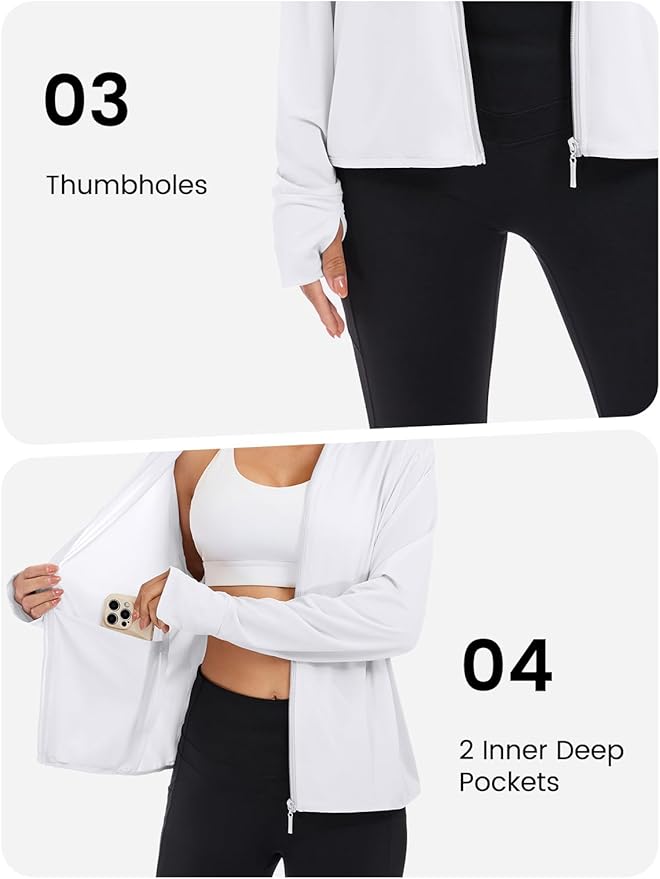 VUTRU Women UPF 50+ Sun Protection Jacket Hoodie Lightweight Full Zip Pockets Running Shirts Long Sleeve for Hiking Outdoor