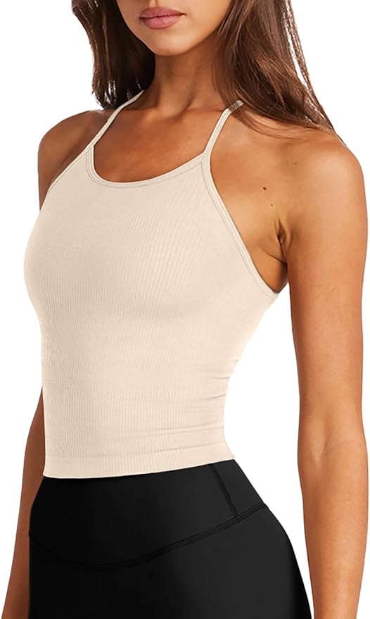 LASLULU Womens Sports Bra Seamless Long Crop Tank Racer Back Spaghetti Strap Workout Yoga Bra Padded Halter Neck Casual Tops