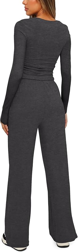 Darong Women's 2 Piece Outfits Lounge Sets 2026 Long Sleeve Tops Wide Leg Pants Casual Matching Set