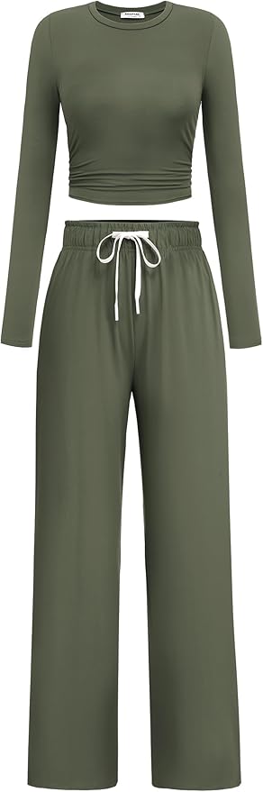 PINSPARK Women 2 Piece Lounge Set Long Sleeve Cropped Top Wide Leg Pants with Pockets 2024 Fall Outfits Matching Tracksuit