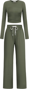 PINSPARK Women 2 Piece Lounge Set Long Sleeve Cropped Top Wide Leg Pants with Pockets 2024 Fall Outfits Matching Tracksuit