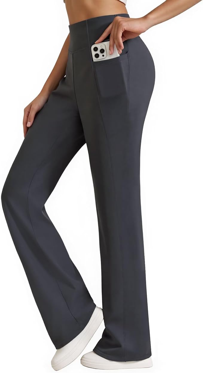 Womens High Waist Yoga Pants Stretchy Casual Trousers Straight Leg Pull On Side Pockets