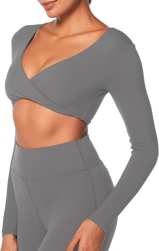 Sunzel Long Sleeve Workout Tops for Women Buttery Soft Deep V Twist Cropped Tops with Compression for Yoga Pilates Gym Outfit