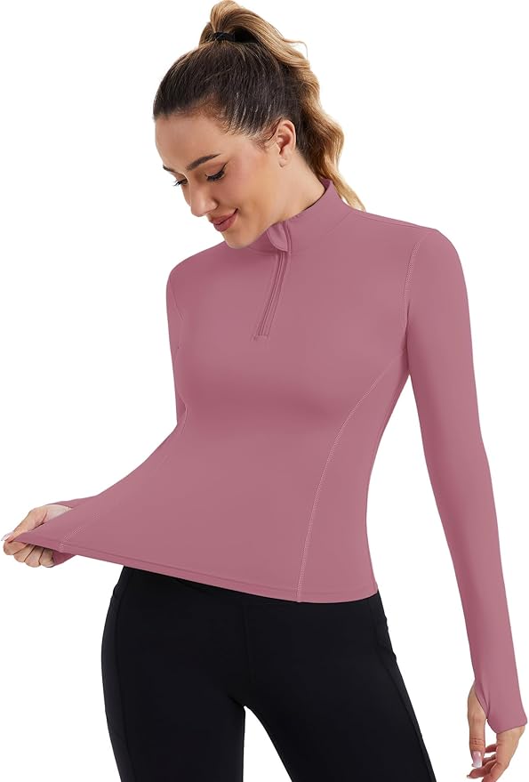 ZHENWEI Womens Workout Tops Long Sleeve Quarter Zip Pullover Quick Dry Golf Shirt Athletic Slim Fit Crop Yoga Gym Tops
