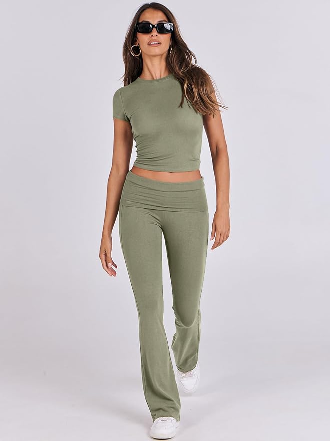 ANRABESS Lounge Sets for Women 2 Piece Foldover Yoga Flare Leggings Pants Crop Tops Casual Y2K Outfits Matching Tracksuit Set