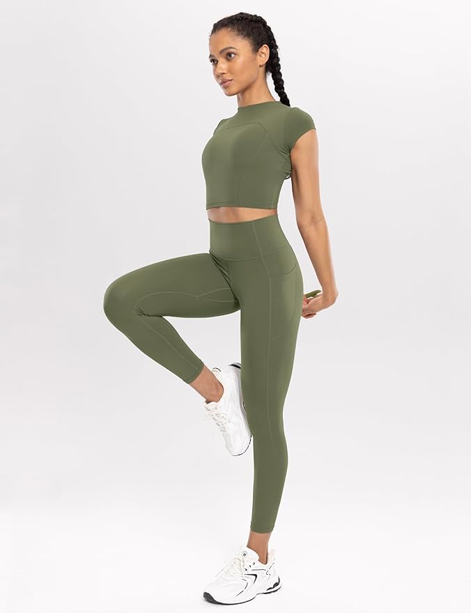 ENERBLOOM Workout Leggings with Pockets for Women High Waist Yoga Pants 25"/28" Cream Soft Lightweight Athletic Gym Tights