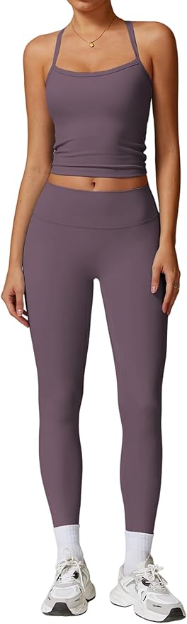 QBGJTD Womens Workout Sets Two Piece Cross Back Tank Top Matching High Waist Leggings Sets Gym Outfits Work Out Clothes