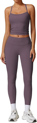QBGJTD Womens Workout Sets Two Piece Cross Back Tank Top Matching High Waist Leggings Sets Gym Outfits Work Out Clothes